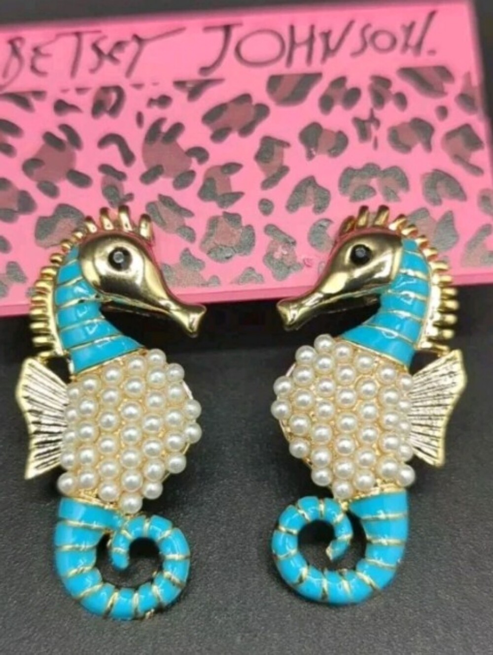 Betsey Johnson Turquoise and Gold Pearl Seahorse Stud Earrings
